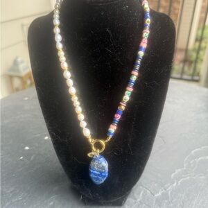 Elegant Multicolor Beaded Necklace with Blue Lapis Lazuli Pendant